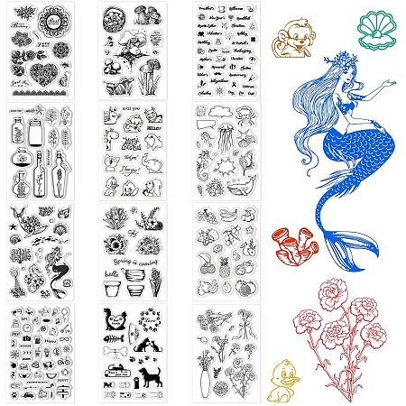 GLOBLELAND 12 Sheets Silicone Clear Stamps for Card Making Decoration and DIY Scrapbooking(Festivals, Oceans, Cats and Dogs, Mushrooms, Fruits, Carnations etc)
