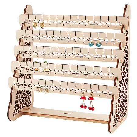 PandaHall Elite 130 Holes Earring Organizer, 5-tier Wood Earring Display Stands Jewelry Tower Earring Organizer Holder with Hollow Pattern for Stud Earring Bracelet Necklace Ring Jewelry Selling