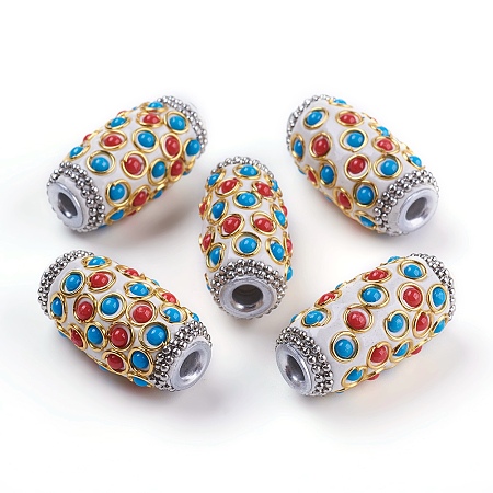 Honeyhandy Handmade Indonesia Beads, with Metal Findings and Resin Cabochons, Platinum & Golden, Oval, White, 32x16.5~17mm, Hole: 4.5mm
