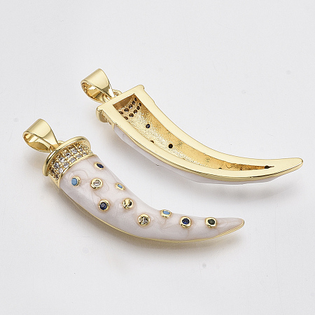 Honeyhandy Brass Micro Pave Cubic Zirconia Pendants, with Enamel and Brass Snap on Bails, Scabbard/Tusk, Real 18K Gold Plated, Creamy White, 28x9x5mm, Hole: 3x5mm