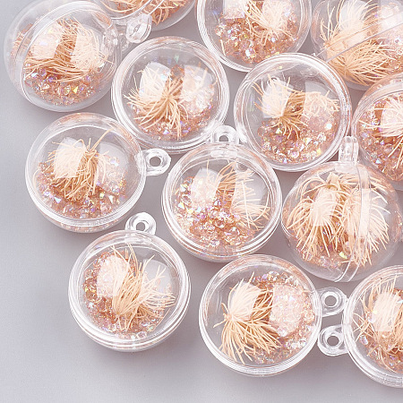Plastic Ball Pendants, with Dried Flower and Resin, Round, Sandy Brown, 36x30x30mm, Hole: 3mm