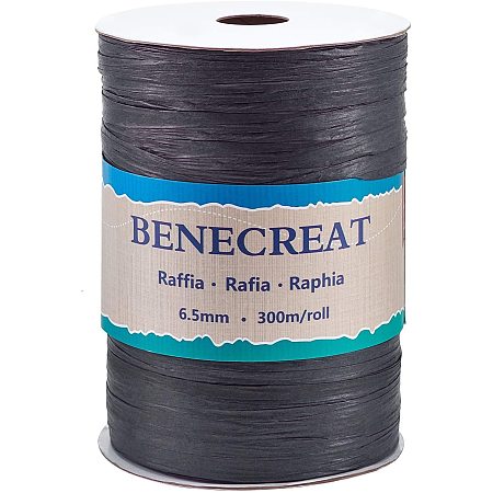 BENECREAT 300m/328 Yards 6.5mm Wide Raffia Ribbon Raffia Paper Craft Ribbon Packing Twine for Festival Christmas Gifts DIY Decoration and Weaving, Black
