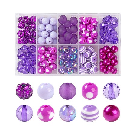 Arricraft 160Pcs/Box 10 Styles Opaque & Transparent, Resin Rhinestone, Imitation Pearl and Solid Color Chewing Gum Acrylic Beads, Gumball Beads, Round, Purple, 16pcs/style