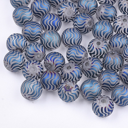 Honeyhandy Electroplate Glass Beads, Frosted, Round with Wave Pattern, Blue, 8~8.5mm, Hole: 1.5mm