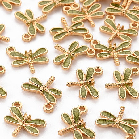 ARRICRAFT Light Gold Plated Alloy Charms, with Enamel, Dragonfly, Olive Drab, 14.5x15.5x3mm, Hole: 1.8mm