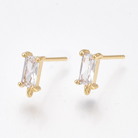 Honeyhandy Brass Stud Earring Findings, with 925 Sterling Silver Pins, Cubic Zirconia and Loop, Nickel Free, Real 18K Gold Plated, Rectangle, Clear, 8.5x4mm, Hole: 0.8mm, Pin: 0.8mm
