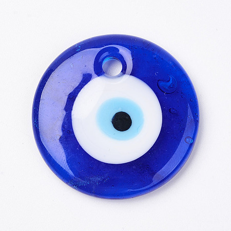 Honeyhandy Handmade Lampwork Evil Eye Pendants, Flat Round, Blue, 59x8mm, Hole: 6mm