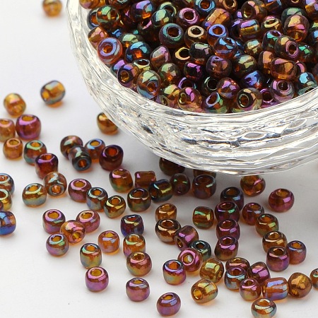 Honeyhandy 6/0 Transparent Rainbow Colours Round Glass Seed Beads, Dark Goldenrod, Size: about 4mm in diameter, hole:1.5mm, about 495pcs/50g