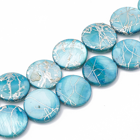 ARRICRAFT Natural Freshwater Shell Beads Strands, Dyed with Drawbench, Flat Round, Turquoise, 14~14.5x2~3mm, Hole: 0.8mm, about 29~30pcs/strand,14.9 inches