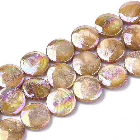 ARRICRAFT Freshwater Shell Beads Strands, AB Color Plated, Dyed, Flat Round, Dark Goldenrod, 10~11.5x3~4mm, Hole: 1mm, 34pcs/strand, 15.15 inches