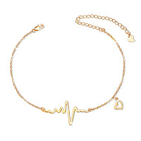 SHEGRACE 925 Sterling Silver Link Anklets, with Cable Chains, Heartbeat and Heart, Real 18K Gold Plated, 8-1/4 inch(21cm)
