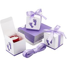 PandaHall Elite Footprints Candy Box, 30 Sets Newborn Baby Shower Paper Boxes Folding Boxes Pink Paper Gift Box with Ribbon Birthday Wedding Party Table Decor Gift Favor, Purple 2.4 x 2.4 x 2.4 Inch