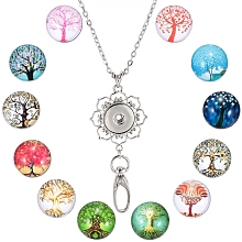 SUNNYCLUE DIY Flat Round Lanyard Necklace Making Kit, Include Glass Buttons, Zinc Alloy Keychain, 304 Stainless Steel Chains Necklaces, Tree of Life Pattern, 14pcs/box