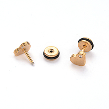 Honeyhandy 304 Stainless Steel Heart Earlobe Plugs, Screw Back Earrings, with Rhinestone, Golden, 8x6mm, Pin: 1mm