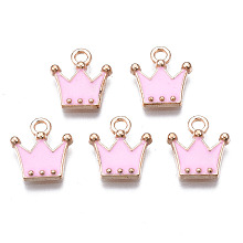 Honeyhandy Alloy Charms, Cadmium Free & Lead Free, with Enamel, Crown, Light Gold, Pearl Pink, 11.5x10.5x2mm, Hole: 1.5mm