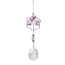 Honeyhandy K9 Crystal Glass Big Pendant Decorations, Hanging Sun Catchers, with Amethyst Chip Beads, Flower with Tree of Life, Indigo, 392x46mm