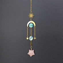 Honeyhandy Natural Rose Quartz Star Sun Catcher Hanging Ornaments with Brass Sun, for Home, Garden Decoration, Golden, 400mm