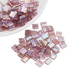 Nbeads 150Pcs Metallic Colours MIYUKI TILA Beads, 2-Hole, Iris, Rectangle, (TL256) Transparent Smoky Amethyst AB, 5x5x1.9mm, Hole: 0.8mm