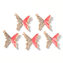 Honeyhandy Alloy Enamel Pendants, with Rhinestone, Butterfly, Light Gold, Indian Red, 19x19x3mm, Hole: 1.4mm