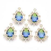 NBEADS Golden Tone Brass Pendants, with Faceted Glass, Teardrop, LightGreen, 25.5x19x6mm, Hole: 1.6mm