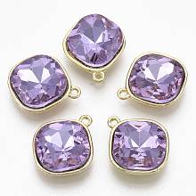 Golden Plated Alloy Pendants, with Glass Rhinestone, Rhombus, Lilac, 18x15x5mm, Hole: 1.4mm