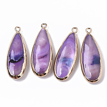 Honeyhandy Natural Freshwater Shell Pendants, with Iron Loops, Edge Golden Plated, Dyed, Teardrop, Violet, 31~33x10.5~12x5mm, Hole: 1.8mm