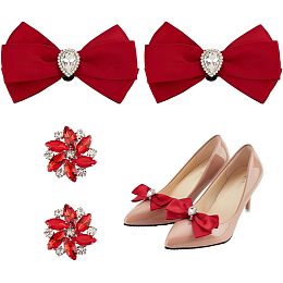 NBEADS 4 Pcs 2 Styles Red Bow Shoe Clip, Rhinestone Flower Shoe Clip Detachable Shoes Buckle Wedding Bridal Shoe Charm for Prom Party Shoe Decoration Buckle Accessories