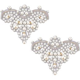 FINGERINSPIRE 2PCS Pearl Shoe Patches Silver Sew on Rhinestone Imitation Pearl Beaded Applique DIY Crafts Applique Patches Glitter Pearl Floral Pattern Patches Decorative Appliques for Costume Decor