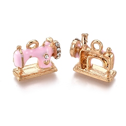 Honeyhandy Alloy Pendants, with Enamel and Crystal Rhinestone, Sewing Machine, Golden, Pearl Pink, 13.5x16x6mm, Hole: 2mm