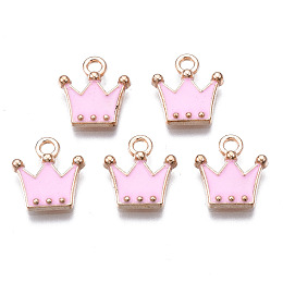 Honeyhandy Alloy Charms, Cadmium Free & Lead Free, with Enamel, Crown, Light Gold, Pearl Pink, 11.5x10.5x2mm, Hole: 1.5mm