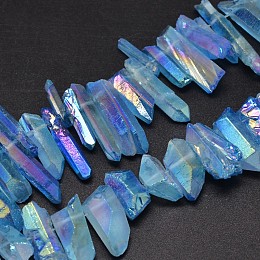 Honeyhandy Electroplated Natural Quartz Crystal Beads Strands, Nuggets, Tusk Shape, AB Color, Dyed, Cornflower Blue, 7~15x18~60mm, Hole: 1mm, about 46pcs/strand, 16 inch