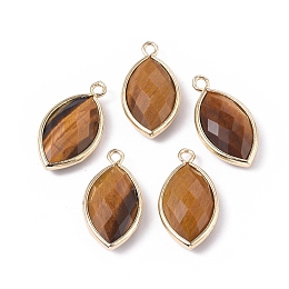 Honeyhandy Natural Tiger Eye Pendants, with Golden Plated Brass Findings, Faceted, Horse Eye, 21.5x11.5x3~5mm, Hole: 1.6mm