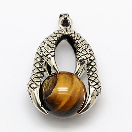 Honeyhandy Vintage Natural Bezel Tiger Eye Pendants, with Antique Silver Plated Alloy Findings, Animal Claw with Round Beads, 37x25x16mm, Hole: 5x3mm