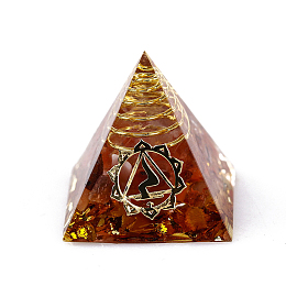 Honeyhandy Chakra Pattern Orgonite Pyramid Resin Display Decorations, Healing Pyramids, for Stress Reduce Healing Meditation, with Brass Findings and Natural Carnelian Chips Inside, for Home Office Desk, 30.5x30.5x29.5mm