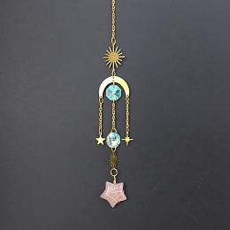 Honeyhandy Natural Rose Quartz Star Sun Catcher Hanging Ornaments with Brass Sun, for Home, Garden Decoration, Golden, 400mm