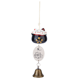 OLYCRAFT Porcelain Maneki Neko Wind Chimes, Alloy Bell Hanging Ornament for Landscape Outdoor Balcony Decoration, with Wood Lucky Card, Black, 265mm, Cat: 47x51.5mm