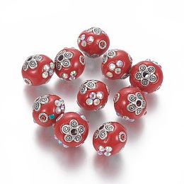 Honeyhandy Handmade Indonesia Rhinestone Beads, with Metal Findings, Round, Antique Silver, Red, 15~15.5x14~15mm, Hole: 2.2mm