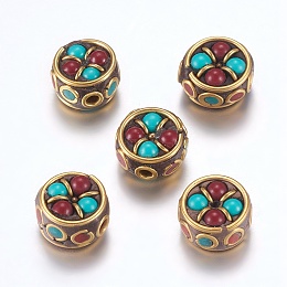 Honeyhandy Handmade Indonesia Beads, with Brass Findings, Nickel Free, Flat Round, Raw(Unplated), 12~13x7.5~9mm, Hole: 2mm