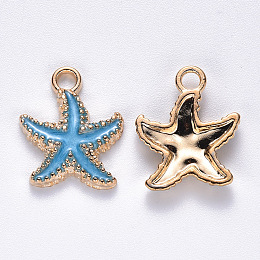 Honeyhandy Alloy Enamel Pendants, Starfish, Light Gold, Deep Sky Blue, 18x15x3mm, Hole: 2.5mm