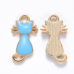 Honeyhandy Alloy Enamel Pendants, Cat Shape, Light Gold, Deep Sky Blue, 22x12x2~3mm, Hole: 2mm