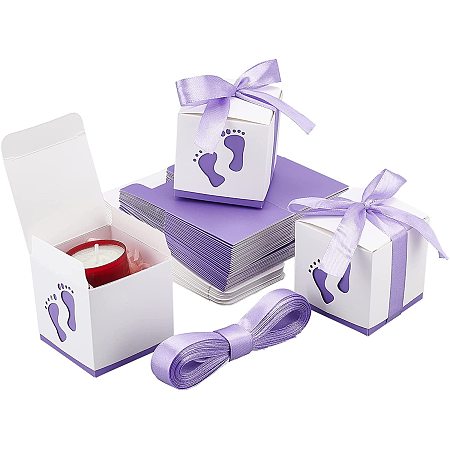 PandaHall Elite Footprints Candy Box, 30 Sets Newborn Baby Shower Paper Boxes Folding Boxes Pink Paper Gift Box with Ribbon Birthday Wedding Party Table Decor Gift Favor, Purple 2.4 x 2.4 x 2.4 Inch