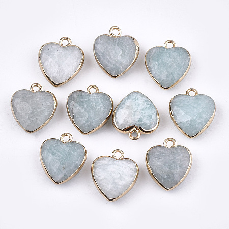 Electroplate Natural Amazonite Pendants, with Iron Findings, Faceted, Heart, Golden, 16~17x14~15x6~7mm, Hole: 1.8mm