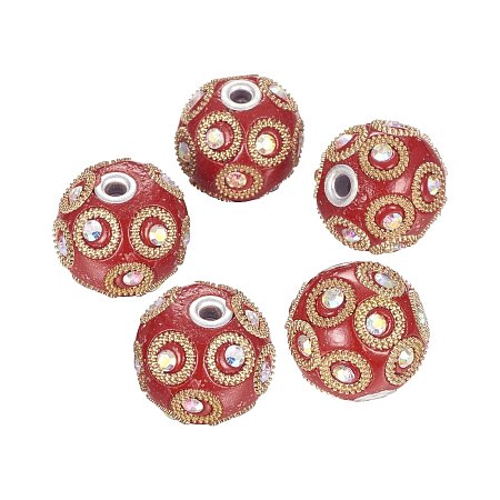 ARRICRAFT 5 PCS Round Handmade Indonesia Beads with Rhinestones Silver Plated Alloy Cores, FireBrick, 23x21mm, Hole: 7mm