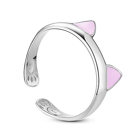 SHEGRACE Cute Design 925 Sterling Silver Ring, Cuff Rings, Open Rings, with Cat Ears, Platinum, Pearl Pink, 17mm