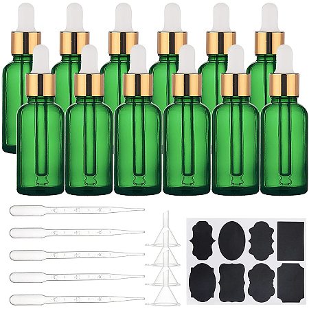 BENECREAT 15 Pack 30ml Refillable Green Glass Bottles Empty Eye Glass Dropper Bottles with 10Pcs droppers 4Pcs funnels 2Pcs Adhesive Sheets for Traveling Essential Oils, Perfume Cosmetic Liquid