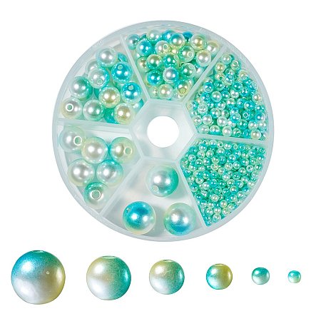 Honeyhandy Rainbow ABS Plastic Imitation Pearl Beads, Gradient Mermaid Pearl Beads, Round, Green Yellow, 3mm/4mm/6mm/8mm/10mm/12mm, Hole: 1~2mm, 564pcs/box