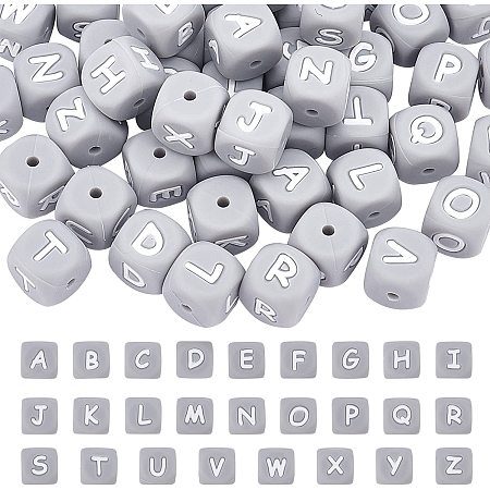 Arricraft 52 Pcs Light Grey Silicone Bead, 12mm Cube Beads with Letter, Alphabet Teething Beads for Nursing Necklace Accessories Jewelry Making