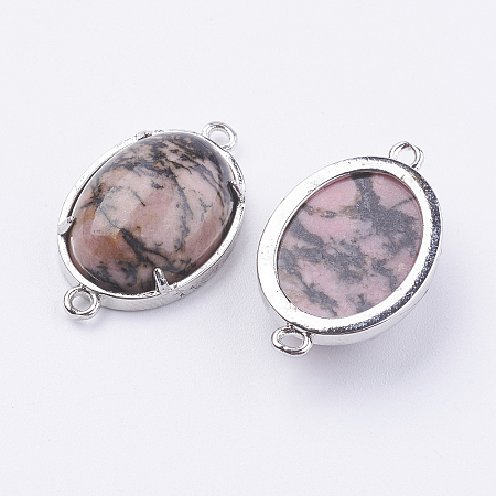 Honeyhandy Brass Natural Rhodonite Links Connectors, Oval, Platinum, 15~15.5x25.5~26x6.5~7mm, Hole: 1.5~2mm