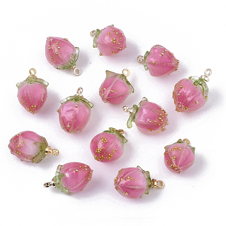 Honeyhandy Handmade Natural Real Flower Dried Flower Pendants, Covered with Clear Epoxy Resin, with Brass Peg Bails and Glass Micro Beads, Bud, Golden, Hot Pink, 14~15x9~10x9~10mm, Hole: 1.2mm
