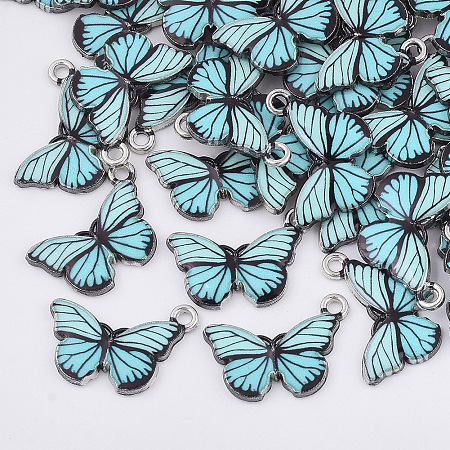 Printed Alloy Pendants, with Enamel, Butterfly, Platinum, Light Sky Blue, 13x20x2mm, Hole: 1.6mm